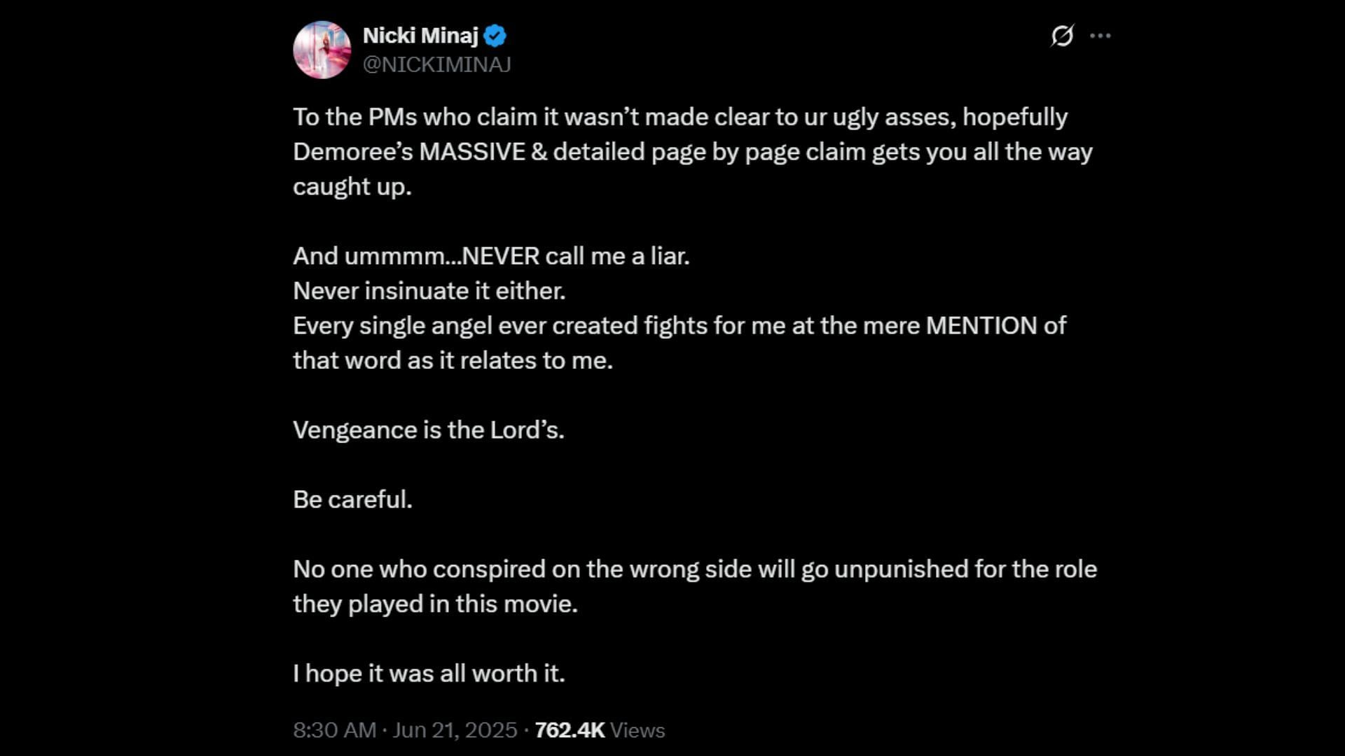 Screenshot of Nicki Minaj's post on X (Image via X/@@NICKIMINAJ)